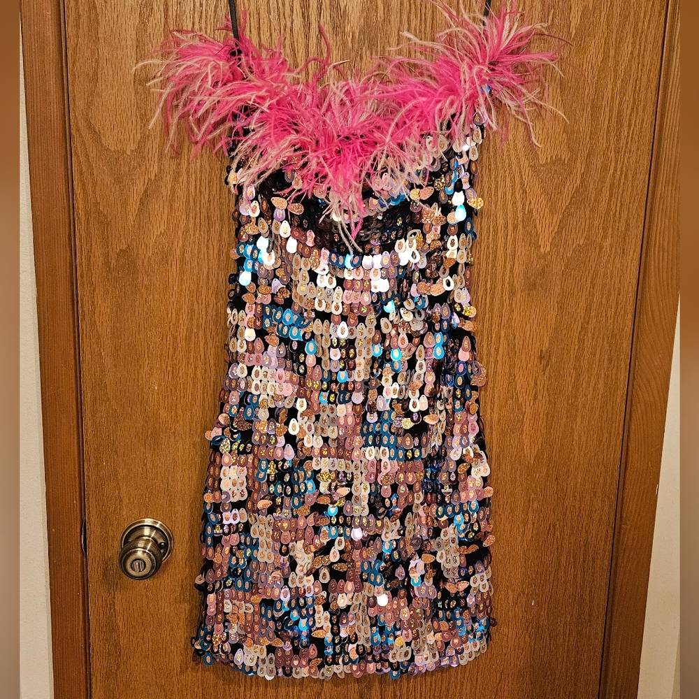 NWT Fashion Nova Wondering Eyes Feather Sequin Mini Dress Multi Color Size Large - Picture 5 of 15